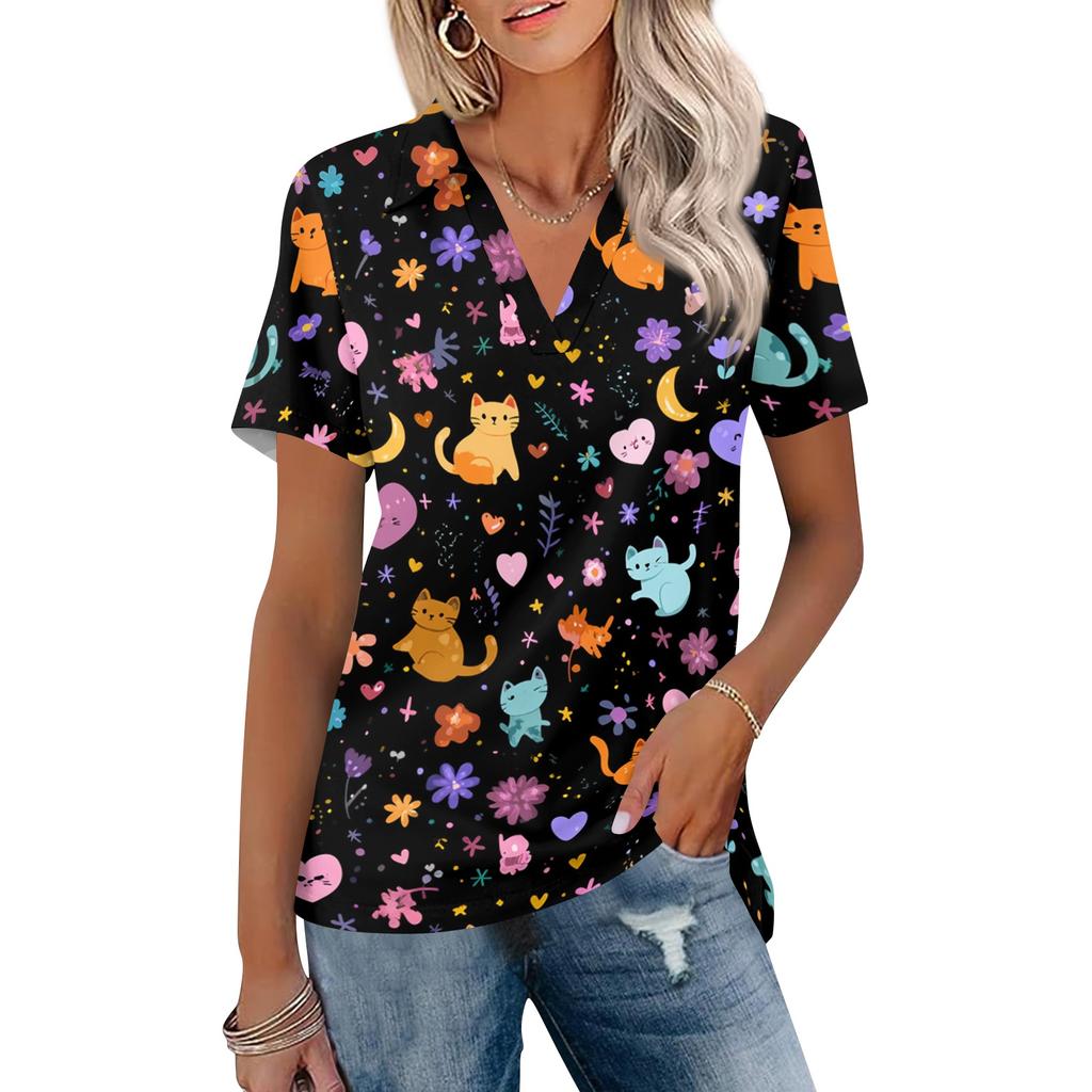 Women's Casual V Neck Short Sleeve T Shirt with Print Top