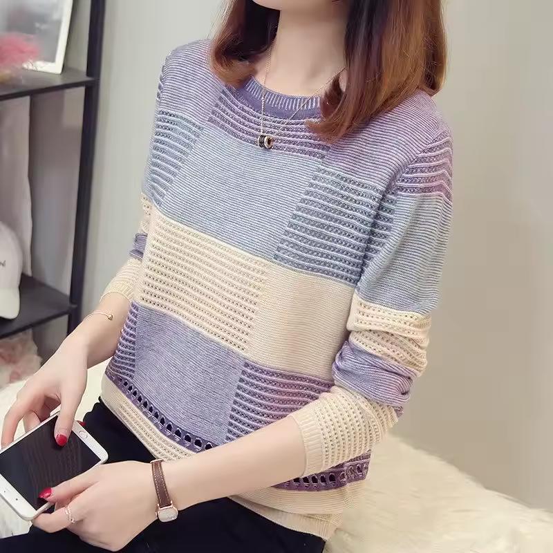 Spring Autumn Sweater Women's Purple Striped Stripes Pullover Thin Knitting Loose Hook Hollow Jumper Casual Top
