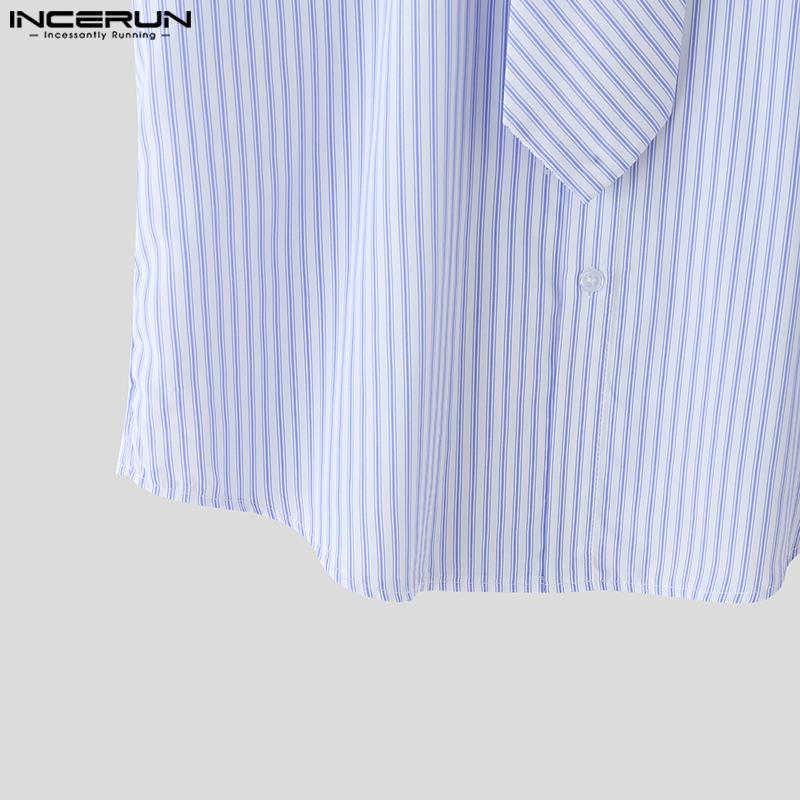 INCERUN Men Tie Up Lapel Neck Short Sleeve Striped Casual Loose Oversized Shirts