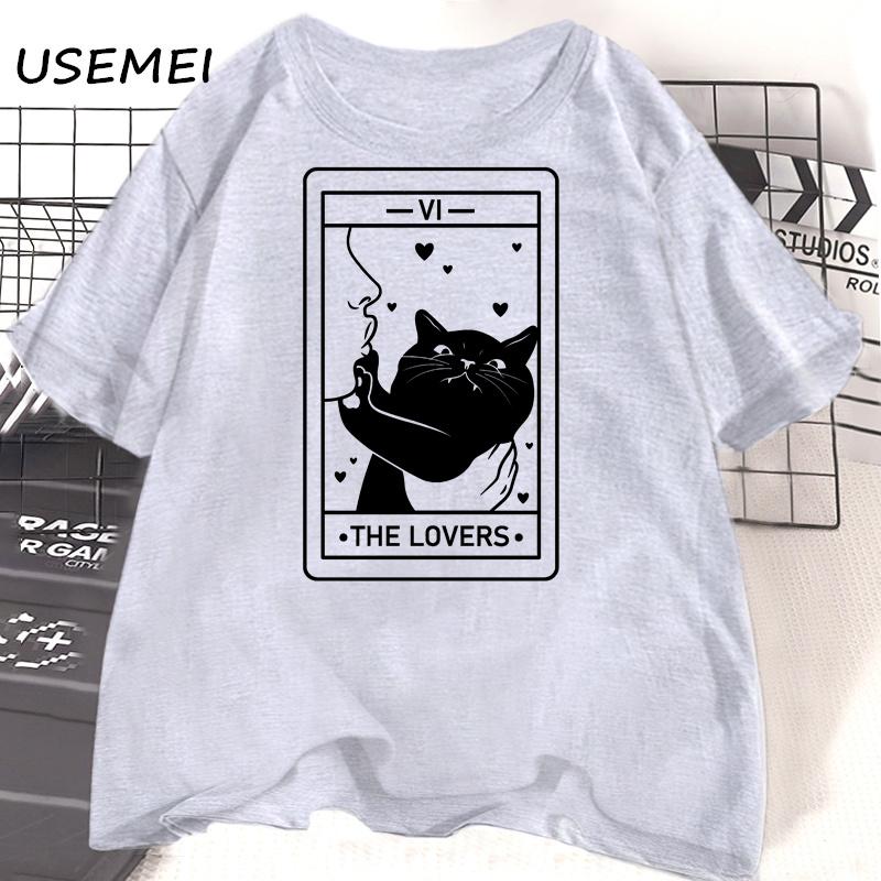 Tarot The Lovers T Shirt Cotton Short Sleeve Cat Lover T-shirt Crazy Cat Lady Graphic Tees Harajuku Casual Vintage Clothes Tees