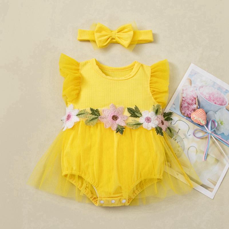Infant Baby Flower-Embroidered Romper Mesh Dress with Headband