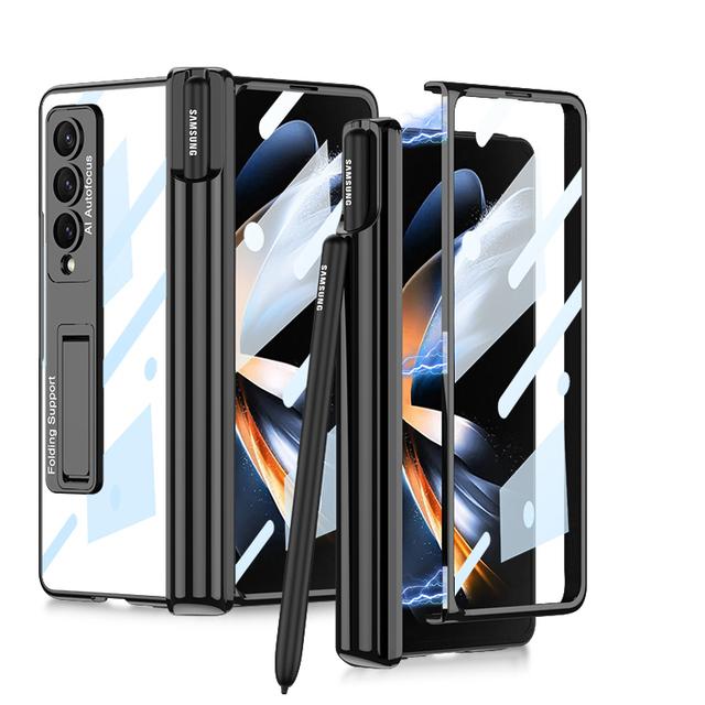 Magnetic Hinge Pen Holder Case For Samsung Galaxy Z Fold 4 5g Fold 4 Transparent Case Shockproof Cover With Tempered Glass Film