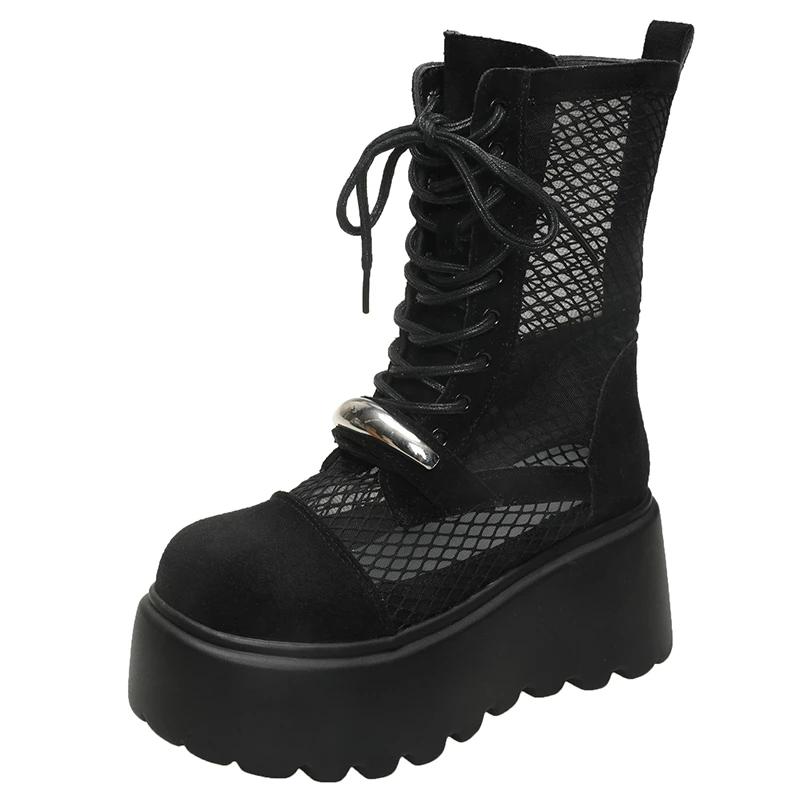 Fashion 8CM Designer Summer Platform Ankle Boots for Women Black White Mesh Breathable Sandals Casual Shoes Woman Thick Bottom Booties