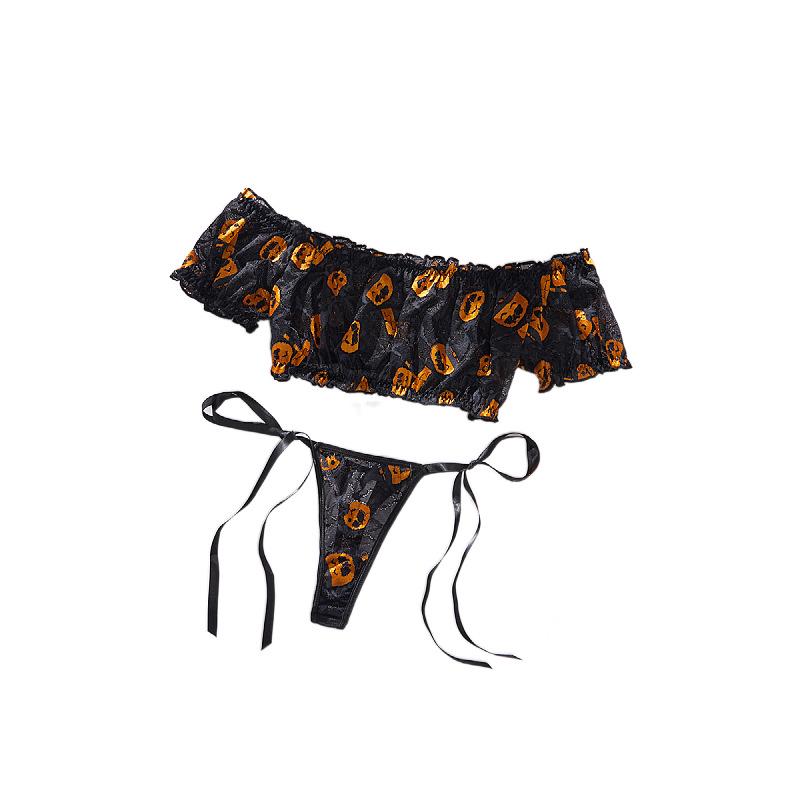 European-American Sexy Pumpkin Print Off-Shoulder Lingerie Set - Halloween Role Play Top & Tie-Up Thong