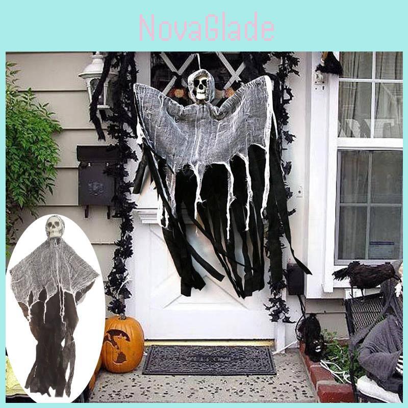 Spooky Halloween Decoration Hanging Ghost Skull With Gauze For Haunted House Scary Prop