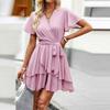 Women's Dress Short Sleeve Temperament Elegant Sexy Tie Waist Flowing Color Dresses