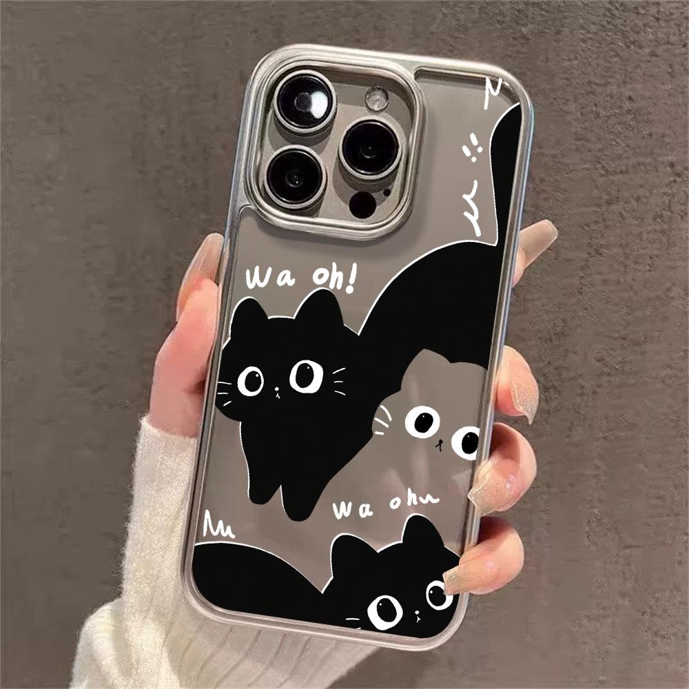 Cute Black White Cat Electroplated Clear Phone Case For iPhone 17 Pro Max 16 15 14 13 12 11 Pro 16 Plus 17 Air Shockproof Cover
