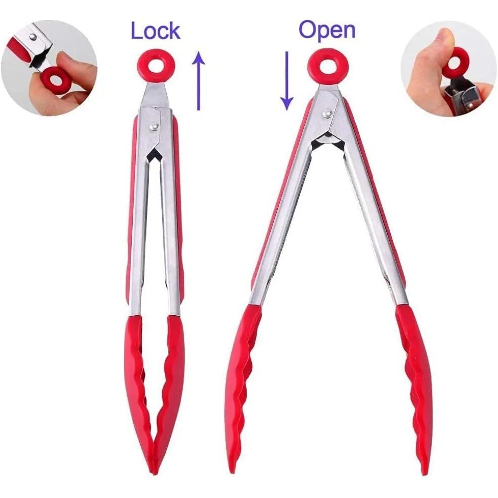 7/9/12 Inch Red Kitchen Tongs, High Quality Silicone, BPA Free, Non-stick, Stainless Steel BBQ Cooking Grill Lock Food Tongs