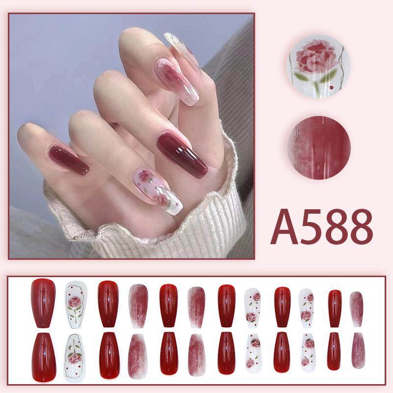 Winter fresh and simple pure lust style bride dance wear nails rainbow love rose fake nails