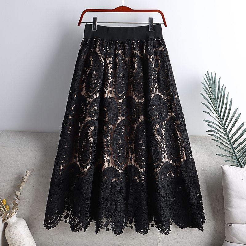 Vintage Women's Crochet Hollow Lace Skirt Casual High-waist Slim A-line Skirt Spring