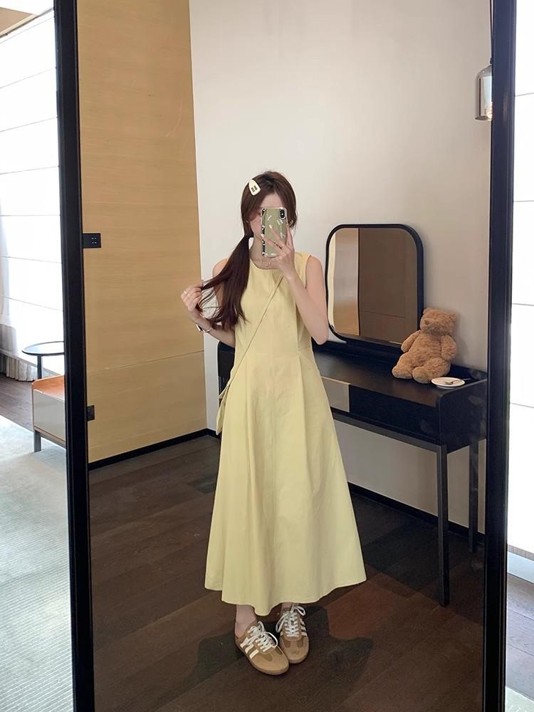 [Invisible zipper + small backpack] pure and gentle yellow dress women's summer round neck waist slimming A-line back