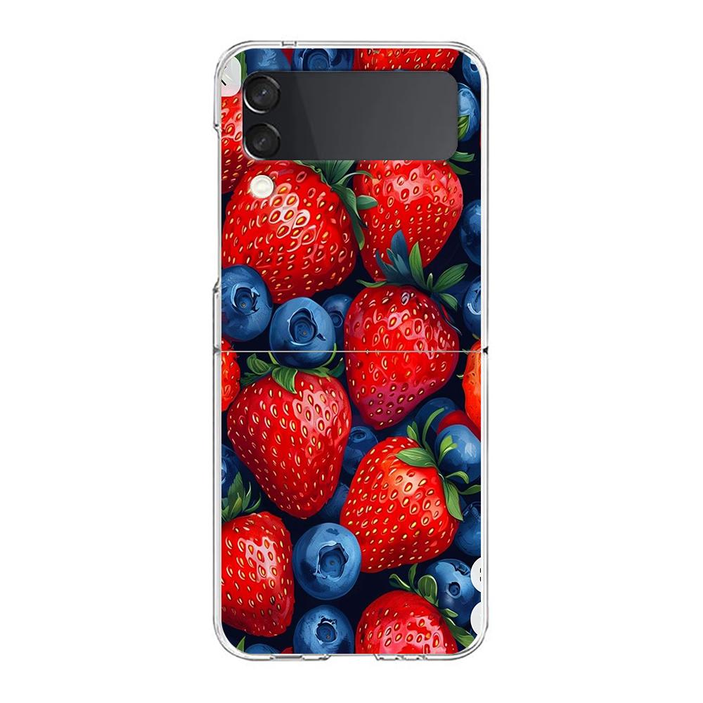 Transparent Phone Case For Samsung Galaxy Z Flip 3 4 5 6 7 Hard Folding PC Z Flip3 Flip4 Cover Summer Strawberry Flowers Print