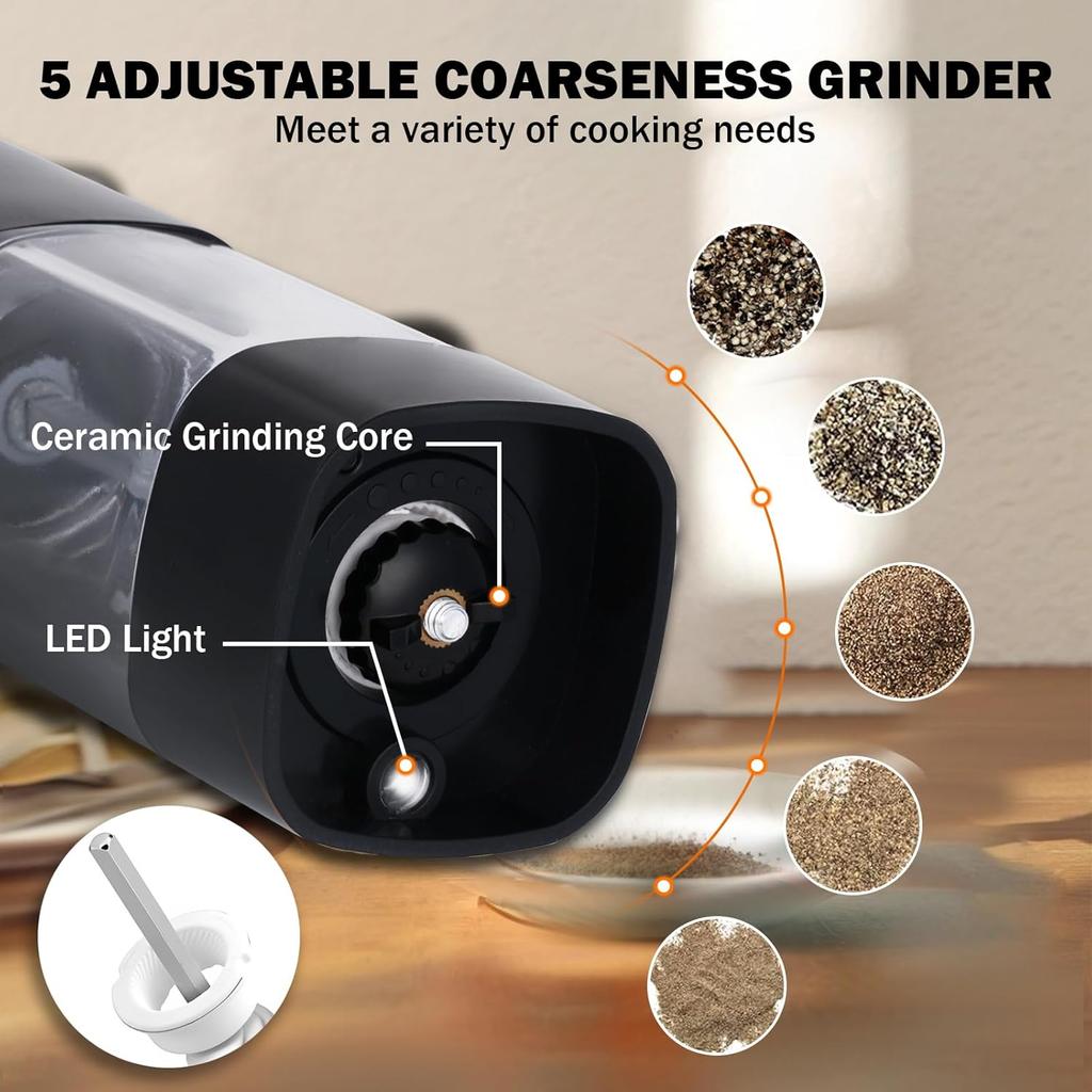 Electric Salt and Pepper Grinder Set,Rechargeable Electric Pepper Grinder with LED Display,Adjustable Coarseness,Large Capacity Refillable Salt