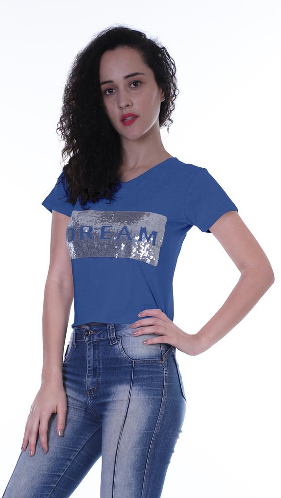 Moomaya Womens Short Sleeves V Neck Tshirt Top w  Sequin Patch ShortTee Summer