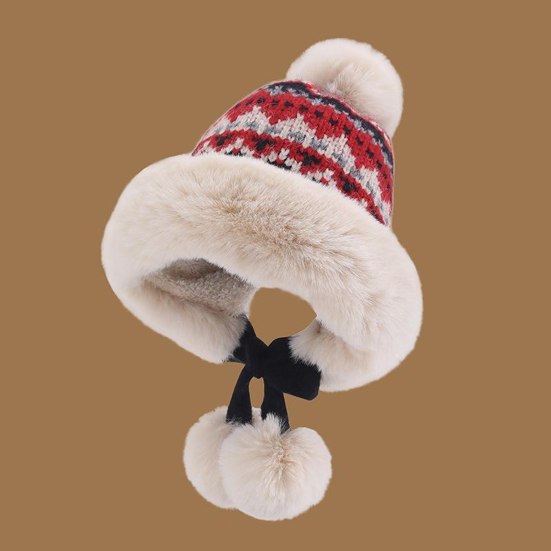 New Winter Knitted Plush Ear Protection Hat Thickened Plush Warmth Lei Feng Hat National Style Cold Proof Hair Ball Big Head Circumference