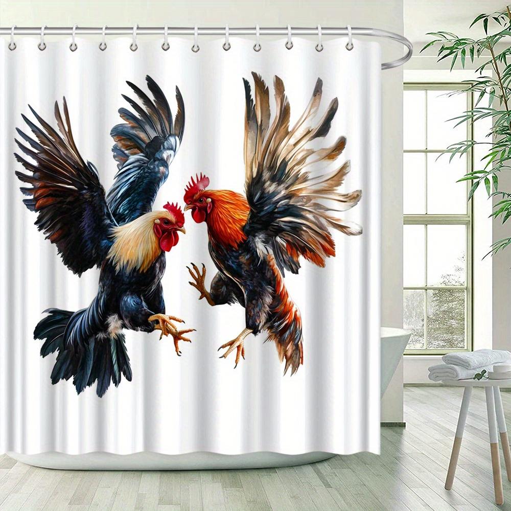 Vibrant Rooster Duo Mid-Air Digital Art Shower Curtain, Polyester Woven Fabric, Forest Theme with Detailed Feathers,
