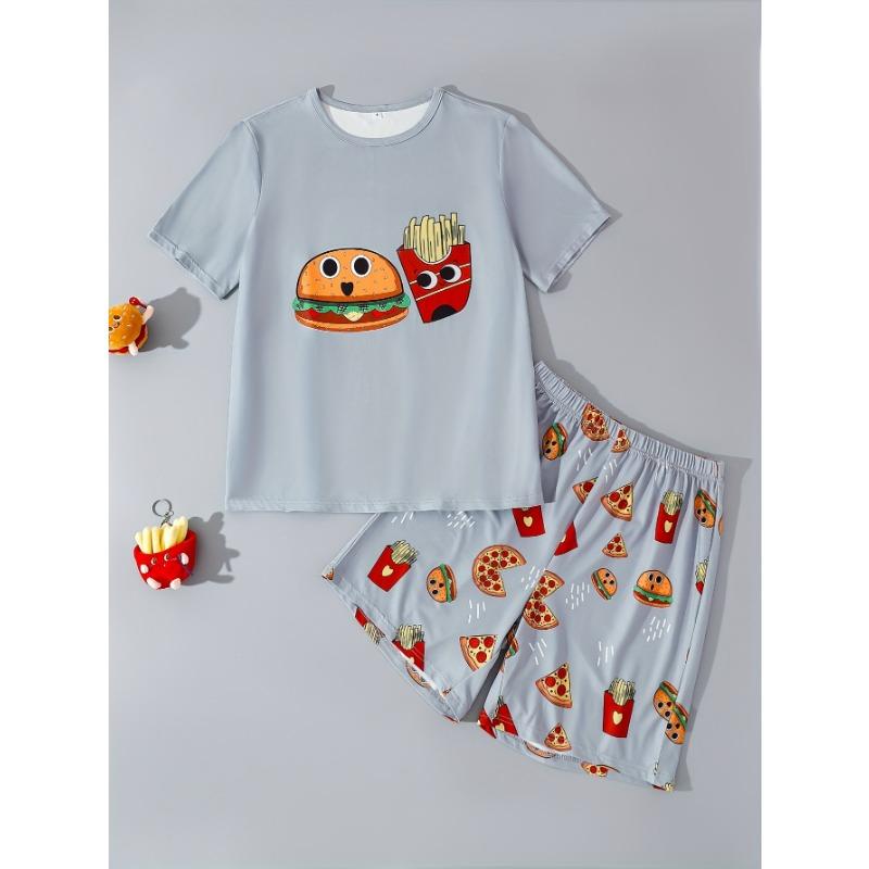 Men s summer thin black burger fries printed short-sleeved round neck T-shirt shorts casual pajama set S