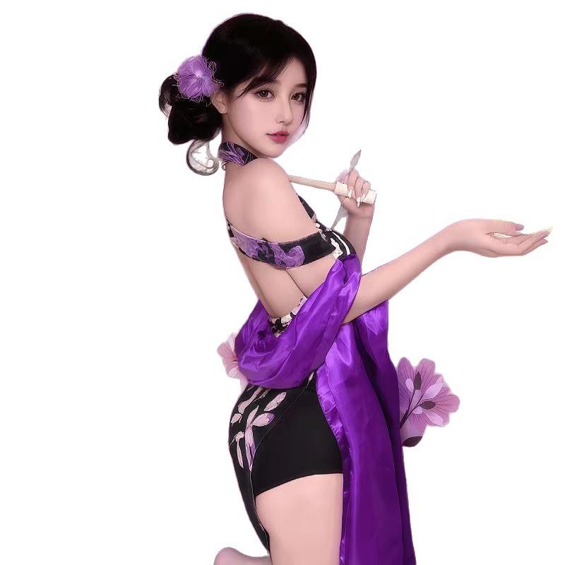 Bead chain dew ditch floral velvet cheongsam sex underwear small breasts sexy pure desire naked back temptation set A
