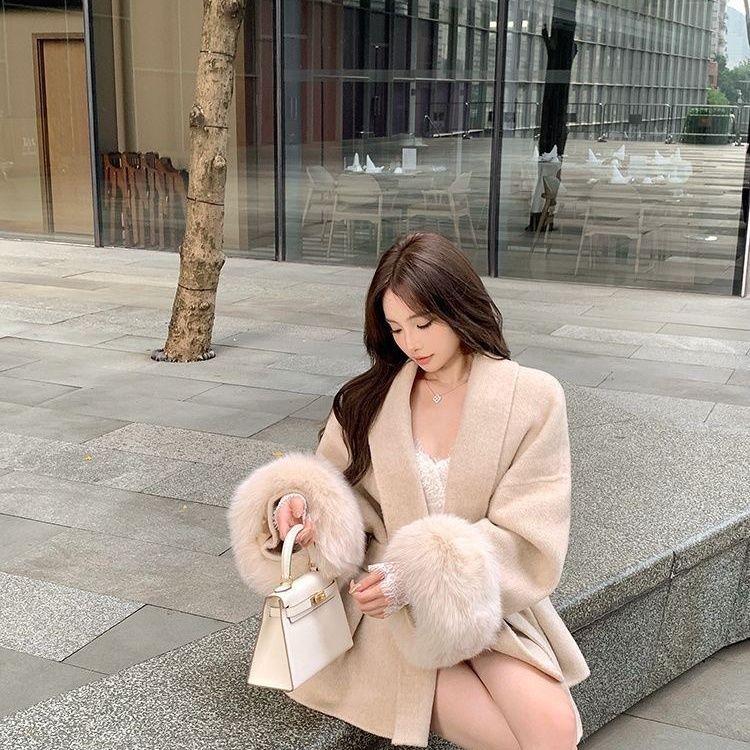 Tossy Fox Fur Woolen Overcoat Women's Short Coat Office Lady Elegant Double-sided Woolen Coat Cardigan Jackets Loose