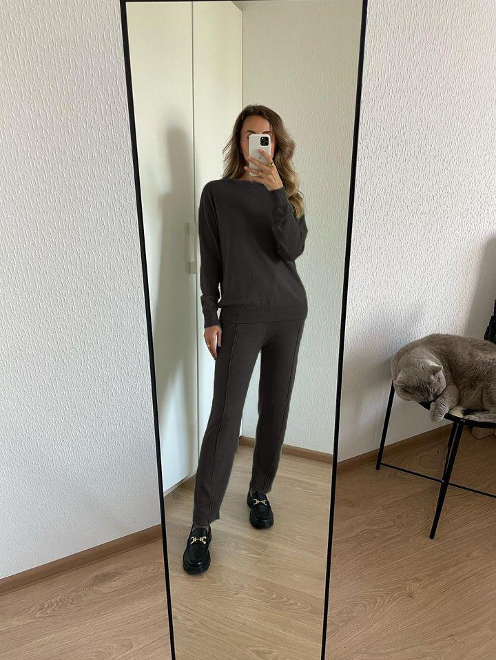 Women's Oversized Sweater Set Striped Zip-Up Top Wide Leg Pants Casual 2 Piece Outfit