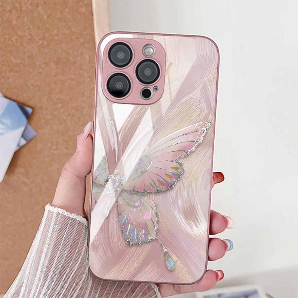 Tempered Glass Phone Case For iPhone 17 Pro Max 11 15 13 14 12 16 Pro Max 17 Air 16E SE 2022 7 8 Plus XR Elegant Butterfly Cover