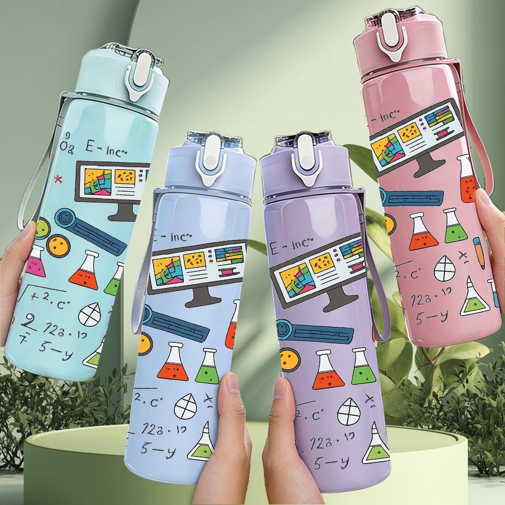 1PC Doodle Mixed Stationery Pattern Print 750ml Color Plastic Sports Water Bottle Leakproof Flip Straw Lid Suitable for Sports Office Home Use