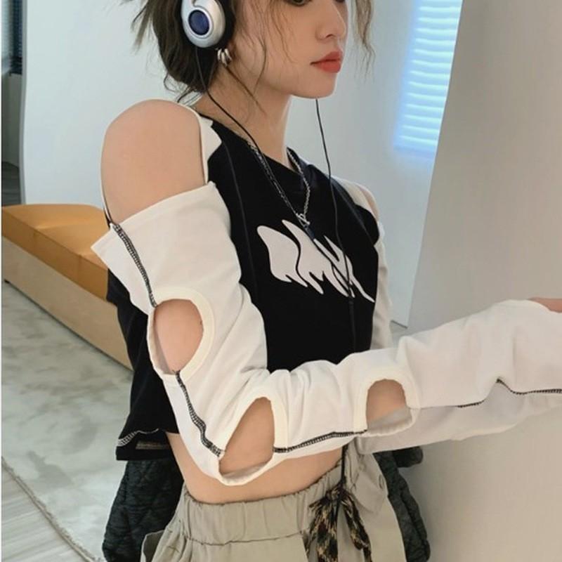 

Women s Color-matched Off-shoulder T-shirt With Edgy Design, Open Sleeve, Versatile For Streetwear, Perfect For Casual Wear. L чёрный