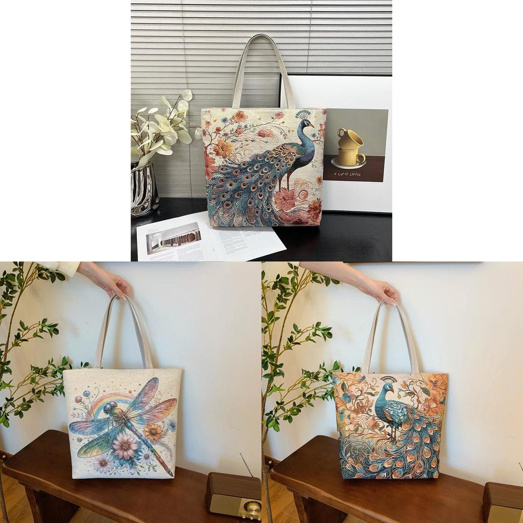 Ethnic Style Canvas Tote Bag With Doublesided Embroidered Silk Thread Floral For Daily Use