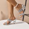 Fashion Elegant Square High-heeled Sandals Women's Summer New Fashion Rhinestone Sequins Decorative Casual Korean Style Slippers.