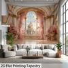 Pink Castle Window Tapestry, Fairy Tale Palace View With Cherry Blossoms, Romantic Wall Art For Bedroom Living Room