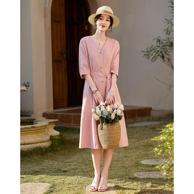 DeMana French Style Linen Blend Tie-Waist Midi Dress