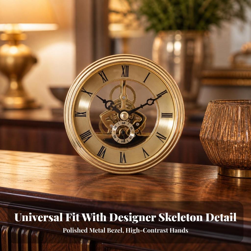 Precision Mechanical Clock Insert Visible Gear Mechanism, Roman Numeral Face, Skeleton Insert,