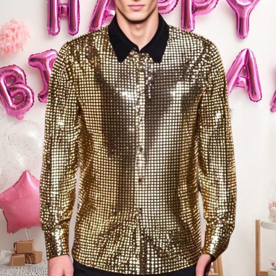 Herren Retro Paillettenhemd Glitzerndes Button-up Langarm Revershemd Vintage Discohemd für Bars Nachtclubs Partys