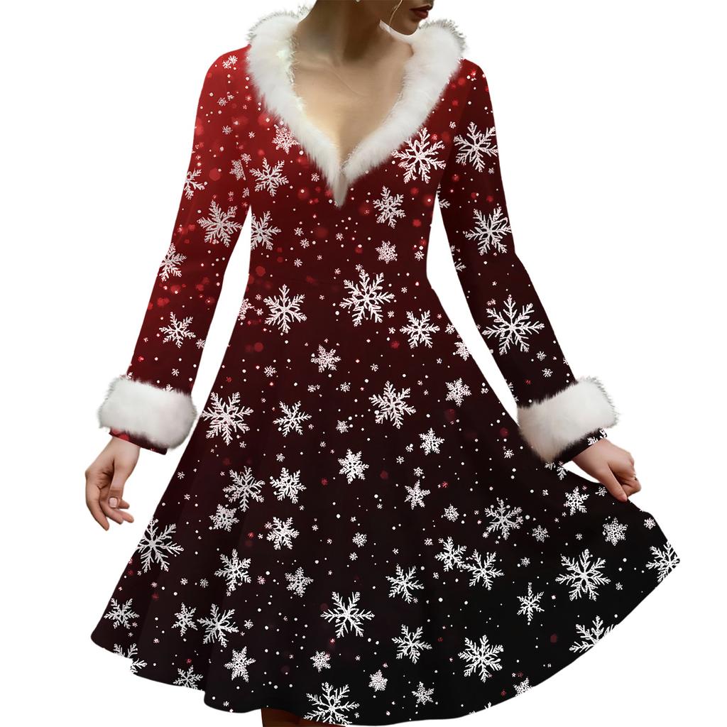 Women's Casual V-neck Christmas Print Plush Long-Sleeve Casual Dress