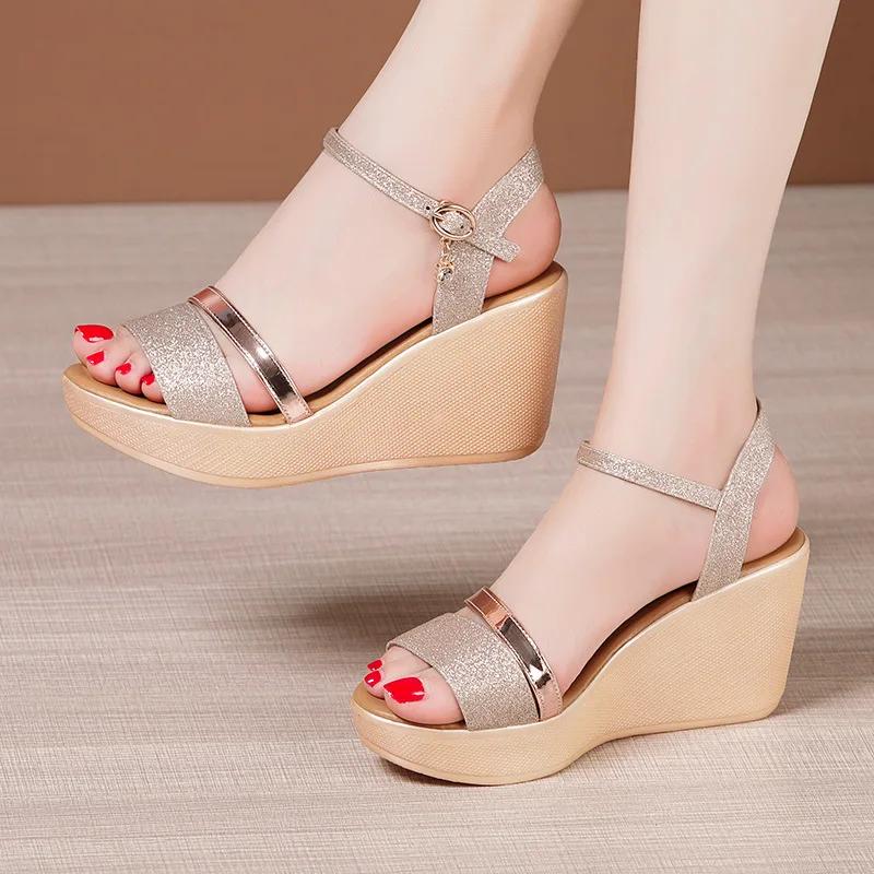 8cm Small Size 32-43 Comfortable Soft Leather Sandals Platform Shoes 2025 Womens High Heels Wedges Sandals for Office Beach Mom