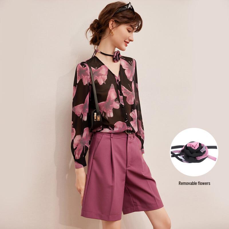 Bailuyu Retro Floral V-Neck Long-Sleeved Blouse M