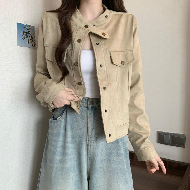 Plus Size 2025 Korean Spring Suede Slimming Long Sleeve Short Jacket for Women