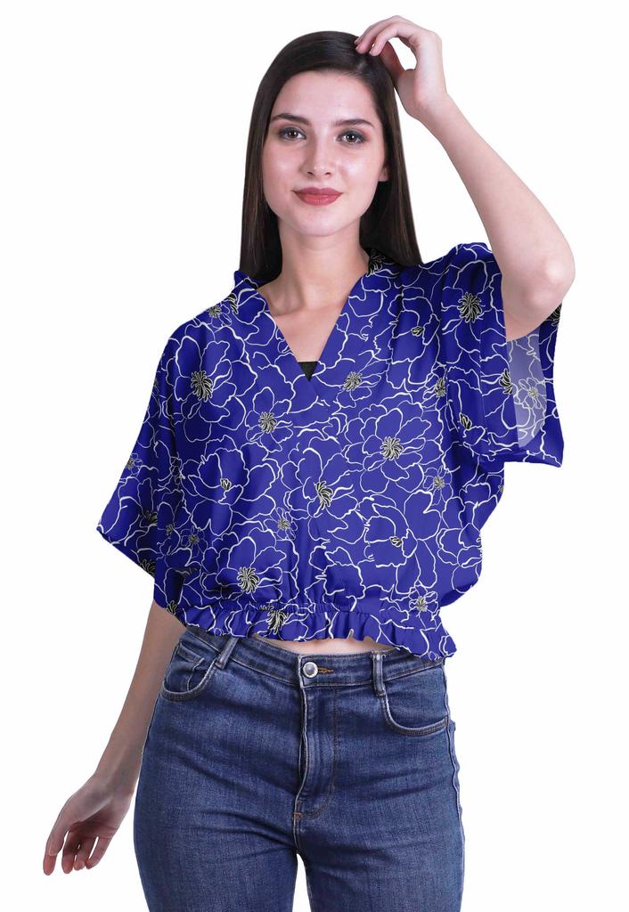 Moomaya Printed Boxy Sleeve Tops For Women V-Neck Elastic WaistA  Kimono Top
