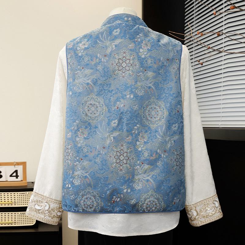 Women's Blue Brocade Jacquard Vest - New 2026 Chinese Style with Frog Buttons, Sleeveless Elegance for Spring
