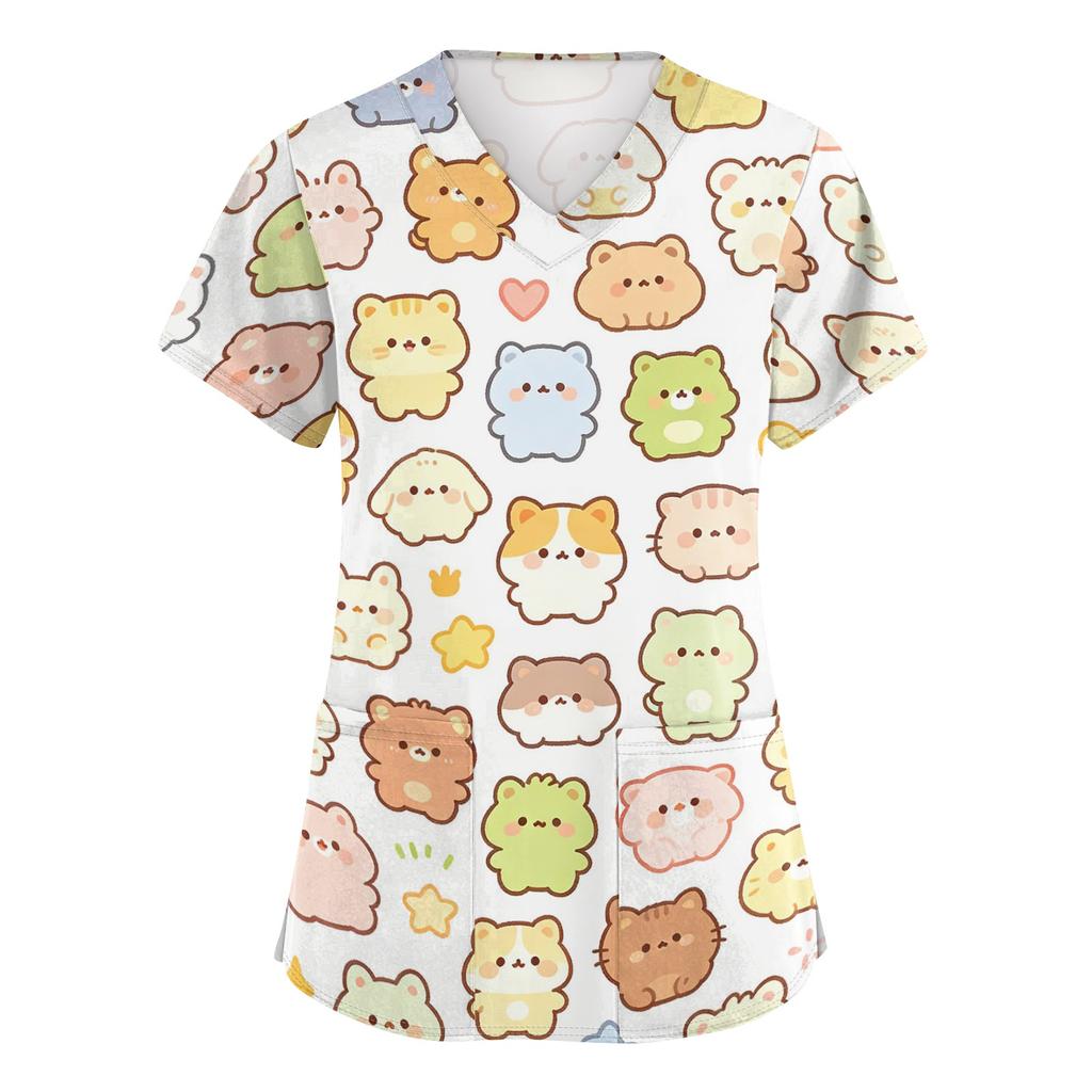 Women's V Neck Short Sleeve Work Top with Pockets Animal Print Medical Scrub Shirt for Caregivers Nurse Uniform