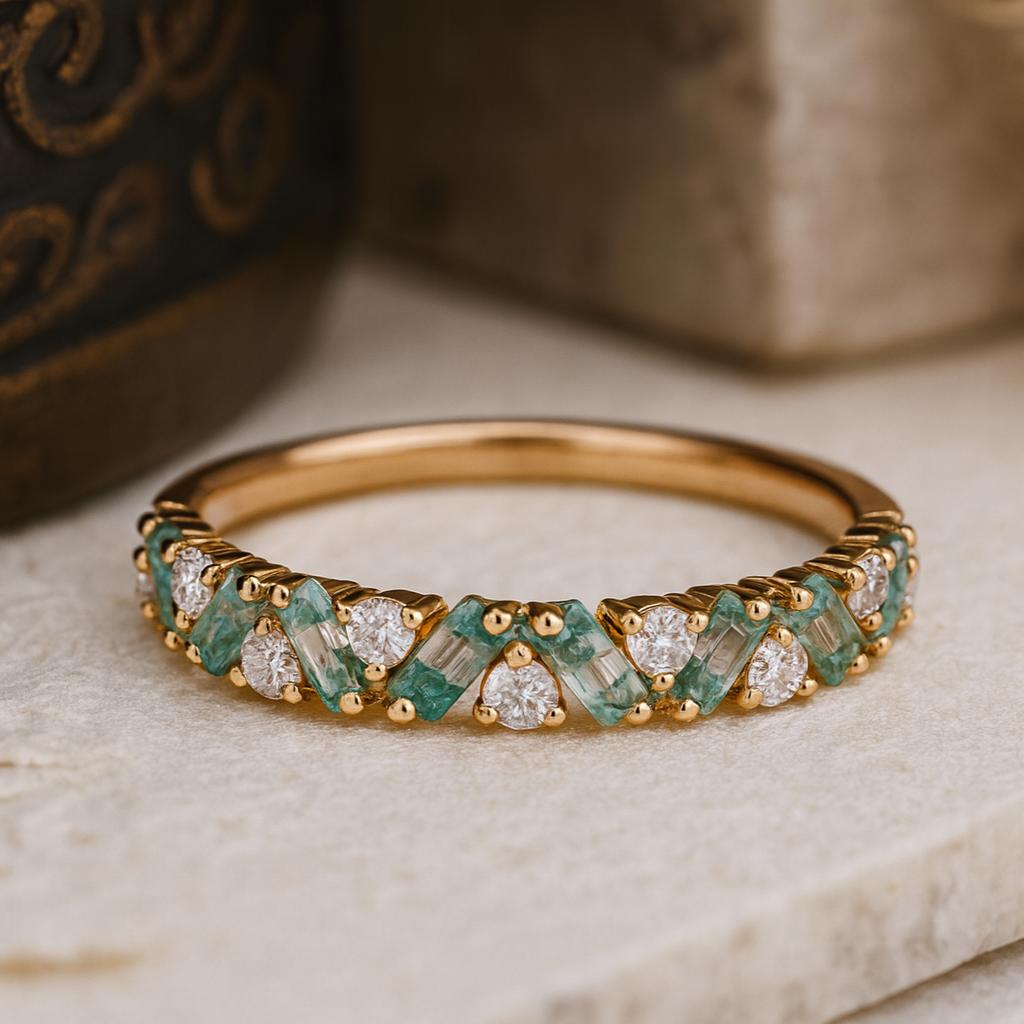 Wedding Engagement Anniversary Promise Gift – Natural Baguette Moss Agate Cluster Wedding Band, Art Deco Moissanite Eternity Bridal Ring