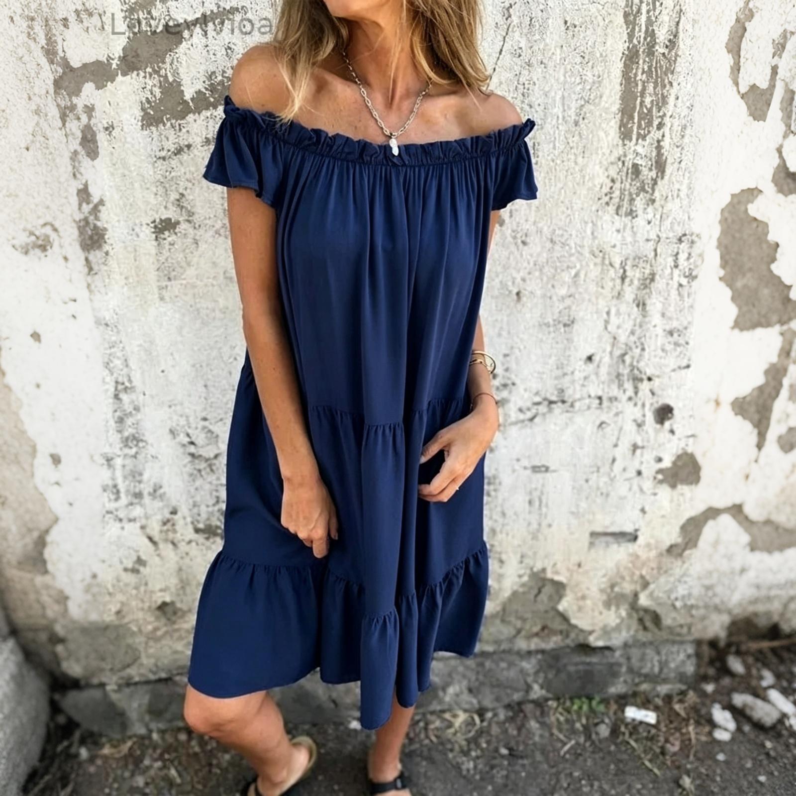 

Women Bohemian Patchwork Off Shoulder Ruffle Short Sleeve Dress Casual Loose Fit Summer Beachwear XL Темно-синій