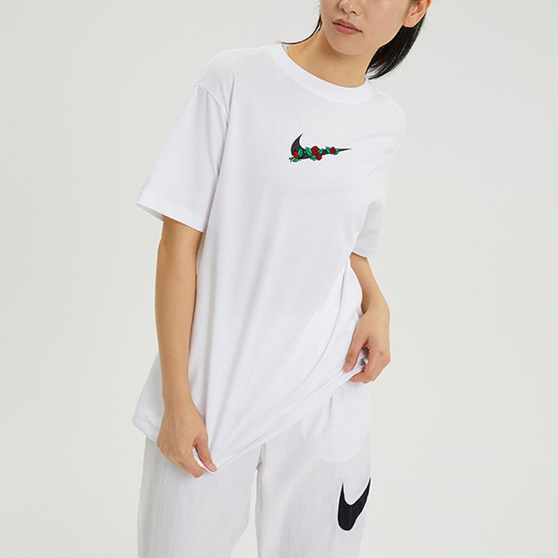 Nike Sportswear Embroidered Rose Logo Print Round Neck Short Sleeve T-Shirt Women Tops White DN5887-100
