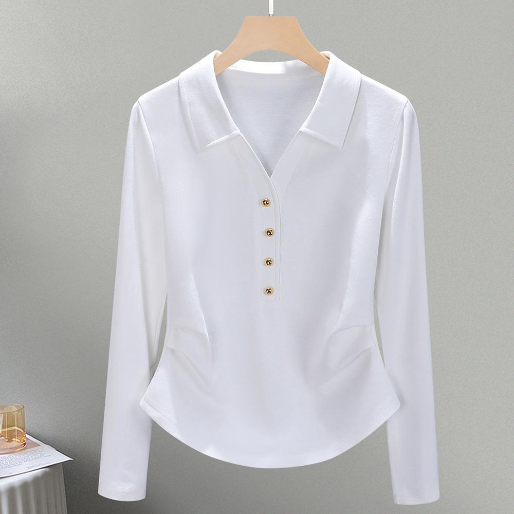 

Cotton t casual polo collar slim and thin long-sleeved women s summer and autumn new pleated bottoming shirt top XXXL белый