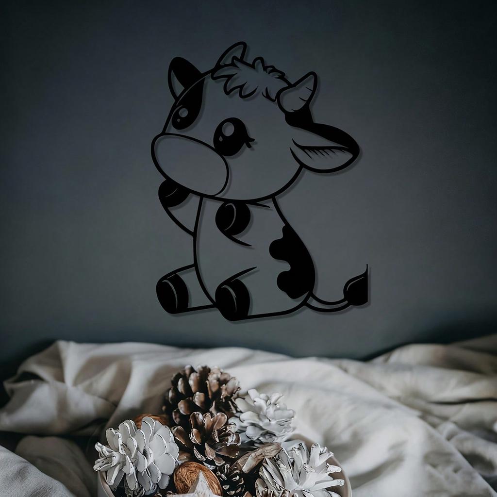 Vivid Eyed Powder Coated Cow Calf Metal Wall Art Farmhouse Statue Gift