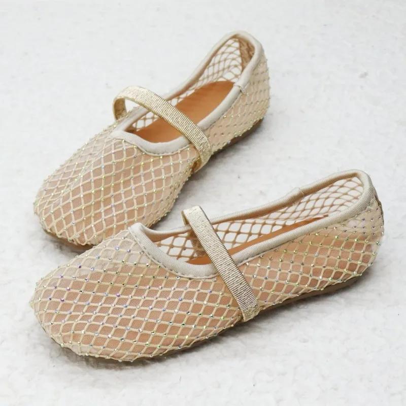 Luxury Lace Mesh Ballet Flat Kid Girls Elegant Design Rhinestones Covered Fishnet Ballerina Shoes Children Dress