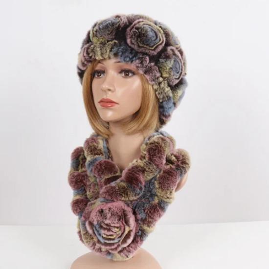 Нові Жіночі Зимові Хутряні Шапки Шарфи Набори Натуральні Теплі Справжні Шапки з Хутра Кролика Рекс Шарфи Леді В'язані Шапки з Натурального Хутра Шарф