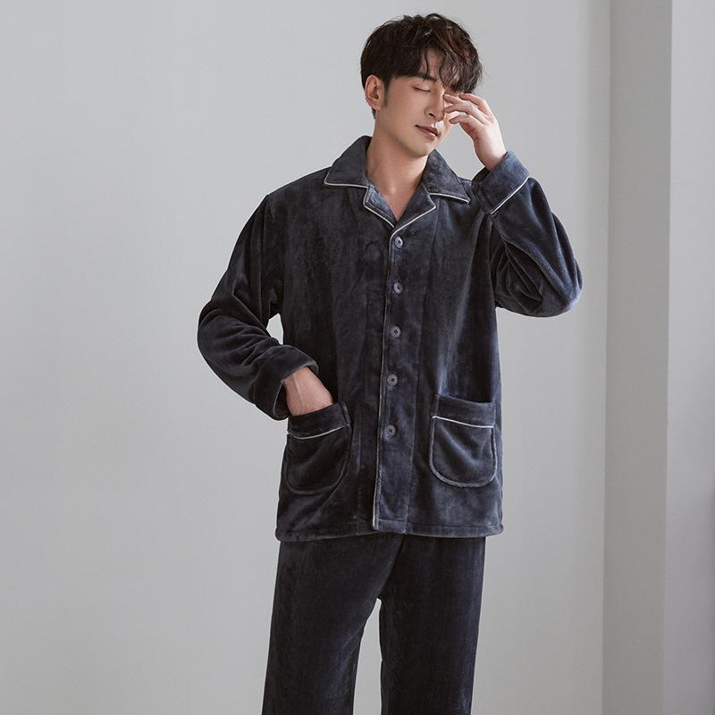 Pajamas Men'S Autumn And Winter Coral Fleece Winter Fleece Thickened Flannel Men'S Winter Warm Homewear Set