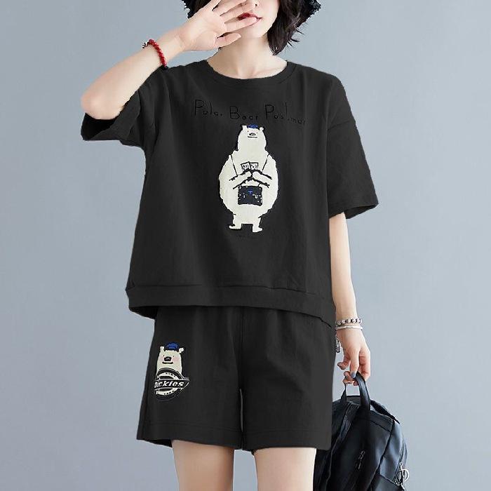 

Женская модная футболка с большим мультяшным медведем и шортами, свободный спортивный комплект 4XL чёрный