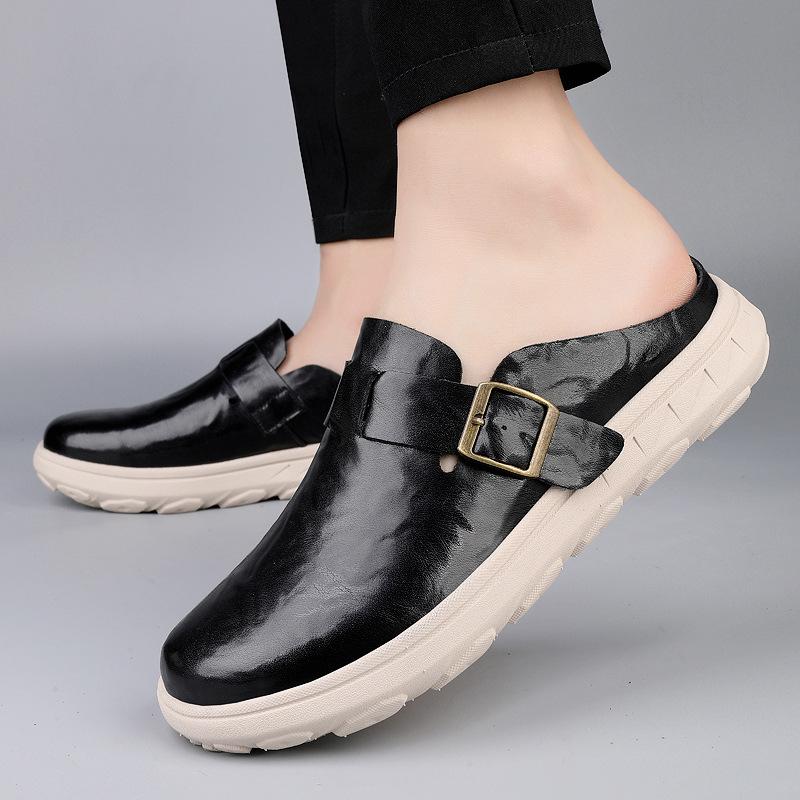 Men's Shoes 2025 New Summer Men's Leather Waterproof Outer Wear Bag Head Slippers Birken Thick-soled One-pedal Lazy Shoes